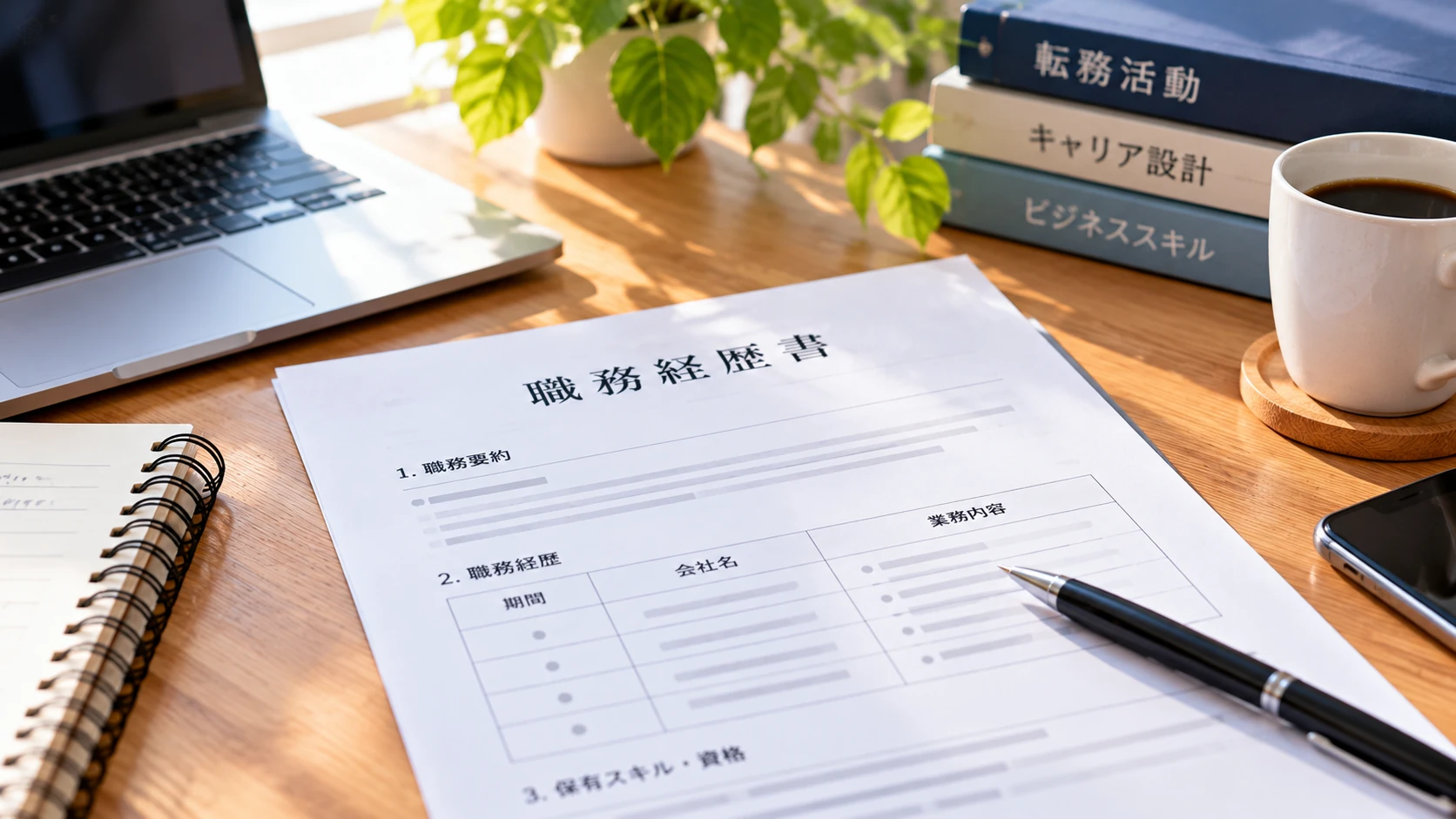 職務経歴書とノート、パソコンを並べた机