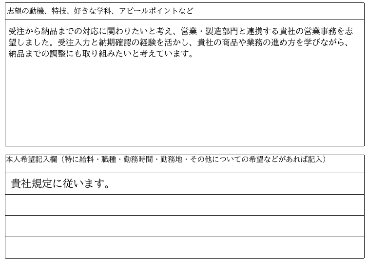 実PDF右下の志望動機欄と、貴社規定に従いますと記入した本人希望欄